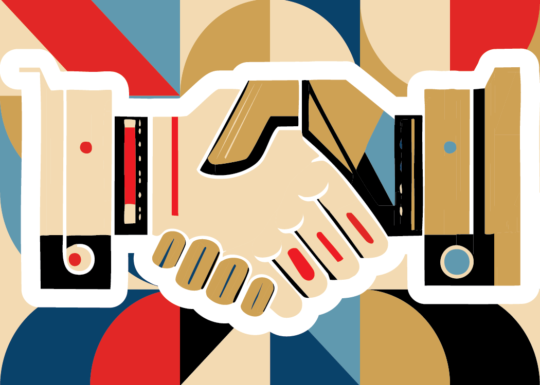 Bauhaus pattern of two hands shaking.